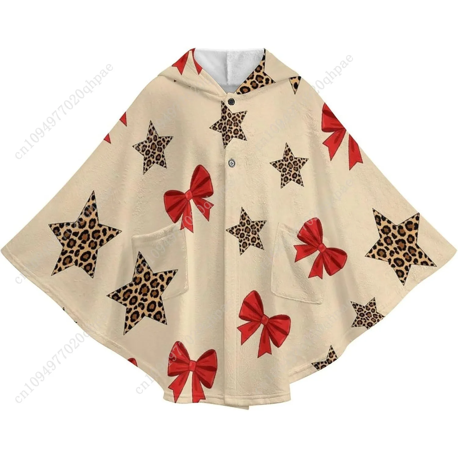 Suéter cobertor de flanela aconchegante, capuz grande com estrelas de leopardo e arcos vermelhos com bolsos para crianças e adolescentes
