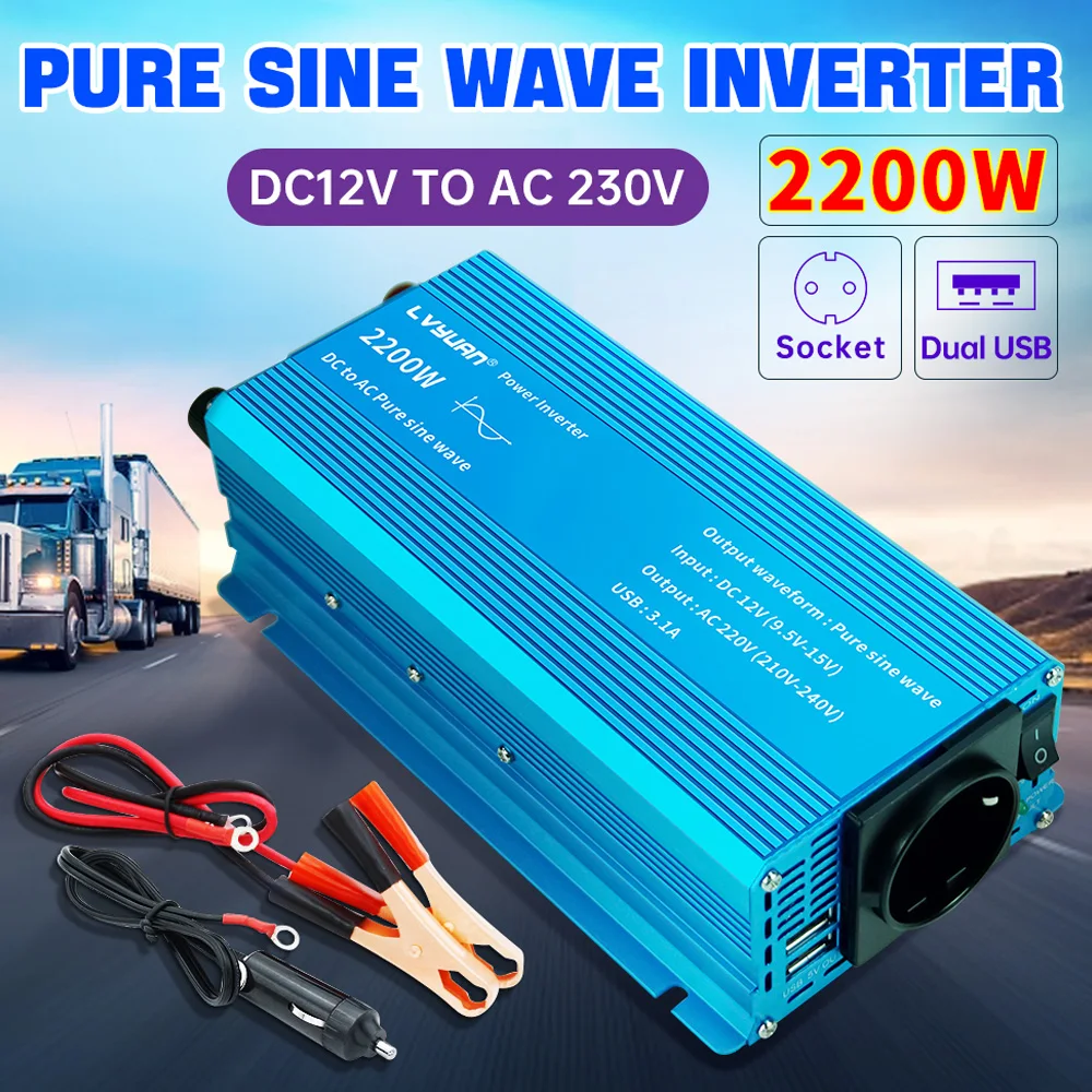 2200W/1500W/1000W Pure Sine Wave Inverter DC12V/24V to AC220V Car Charge Power Inverter 50Hz/60Hz Dual USB EU Socket For Outdoor