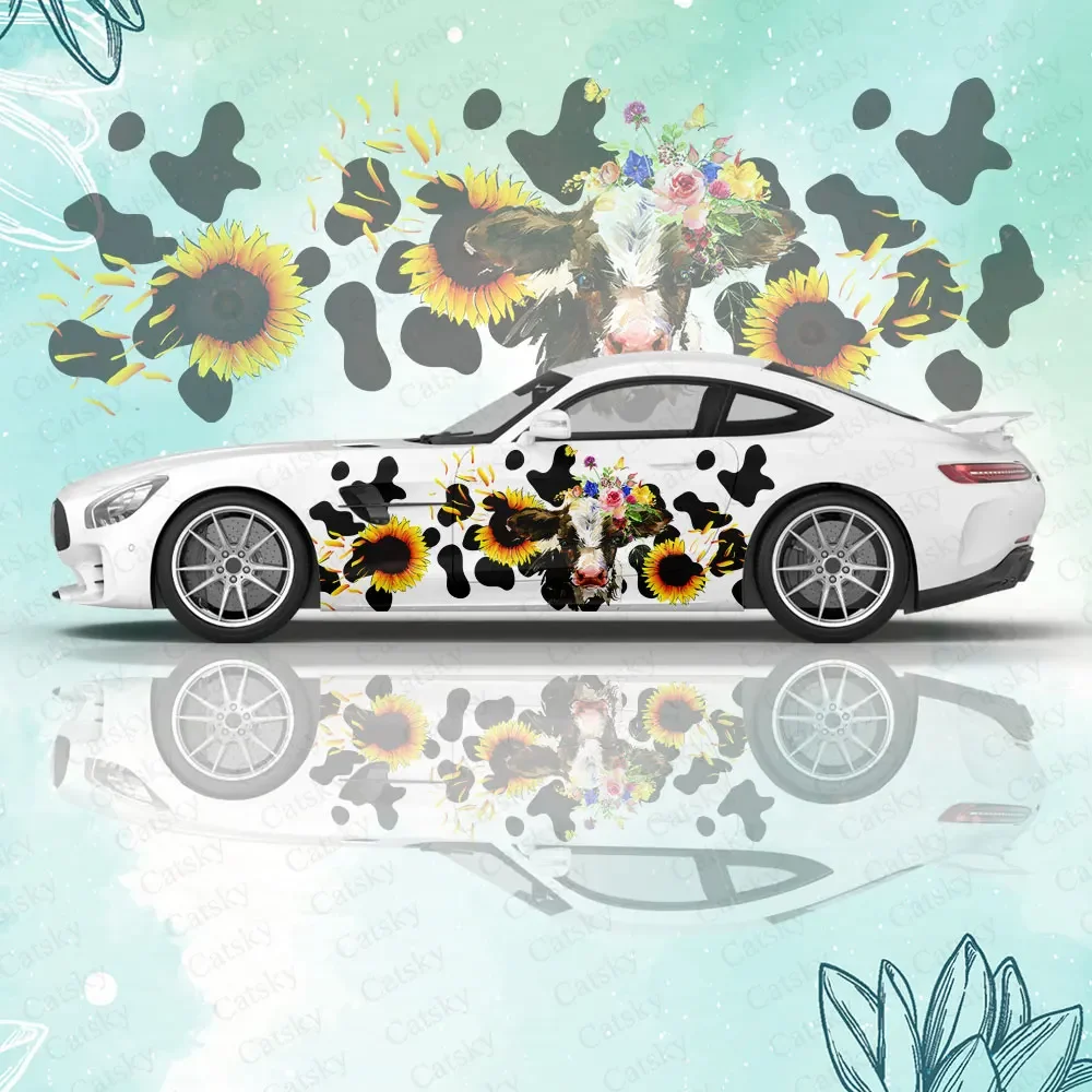 Sunflower Cow Print Car Body Sticker Itasha Vinyl Side Decal Body Wrap Cover  Auto Accessories Decoration Protective Film Gift