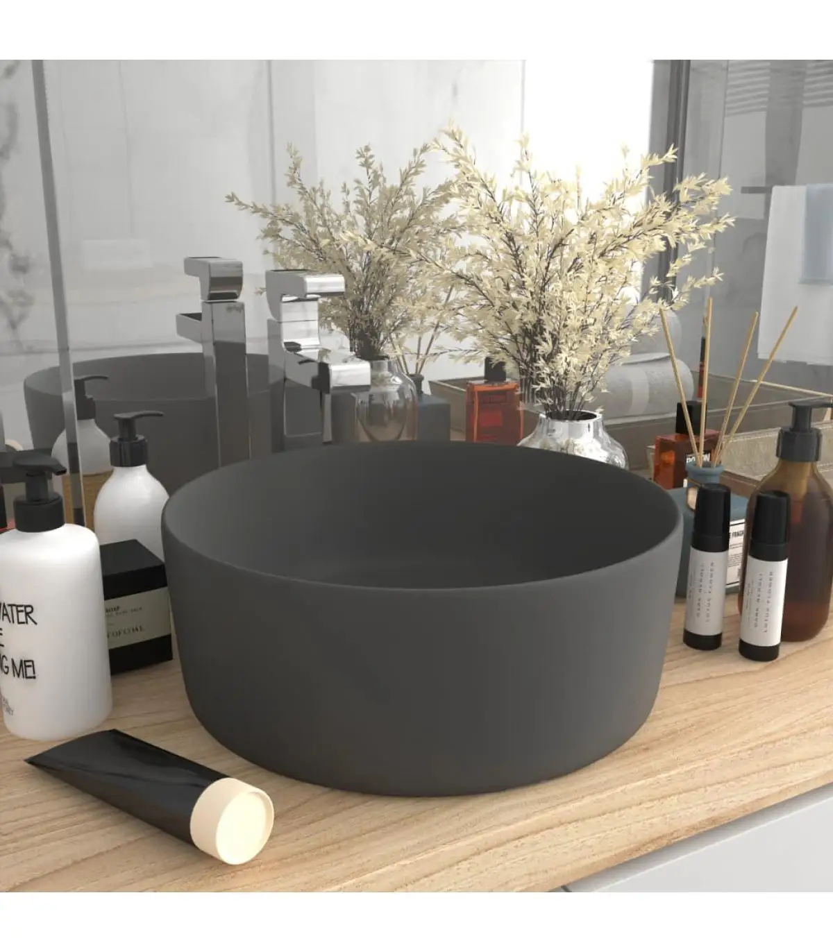 40x15 cm Dark Grey Ceramic Round Luxury Washbasin Sinks