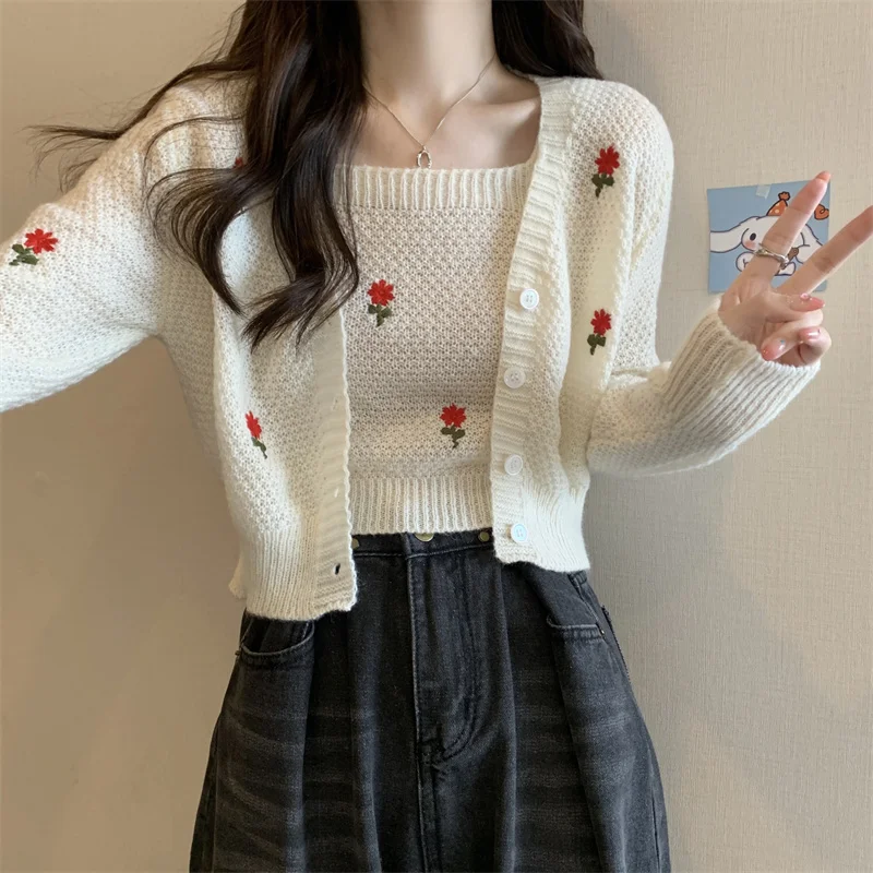 Women Set Fashion Sweet Embroidery Floral Knitwear Suit Woman V Neck Long Sleeve Cardigan + Knitted Tank Sleeveless Cropped Top