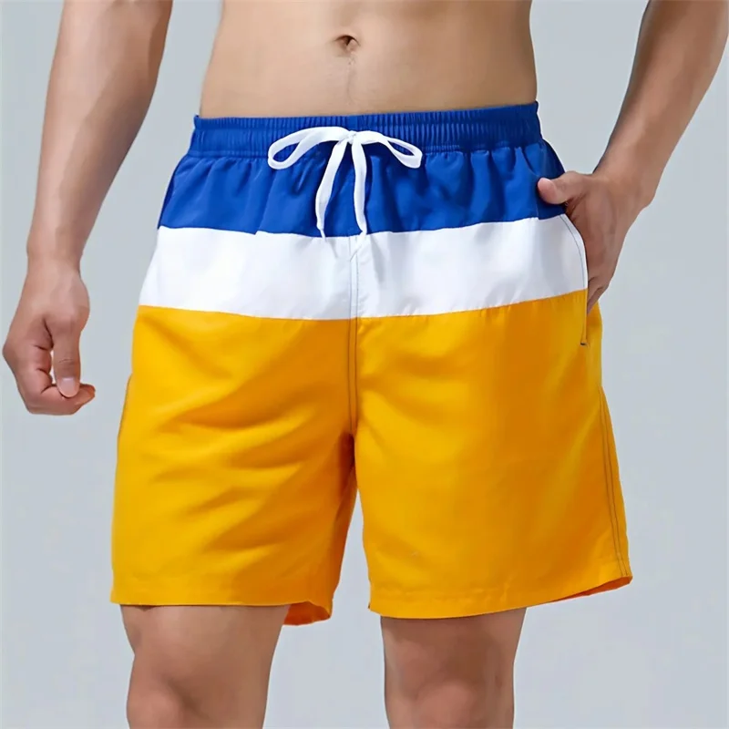 Trendy Color Block Pattern Swim Trunks Men Stripes 3D Print Short Pants Summer Holiday Street Drawstring Quick Dry Board Shorts