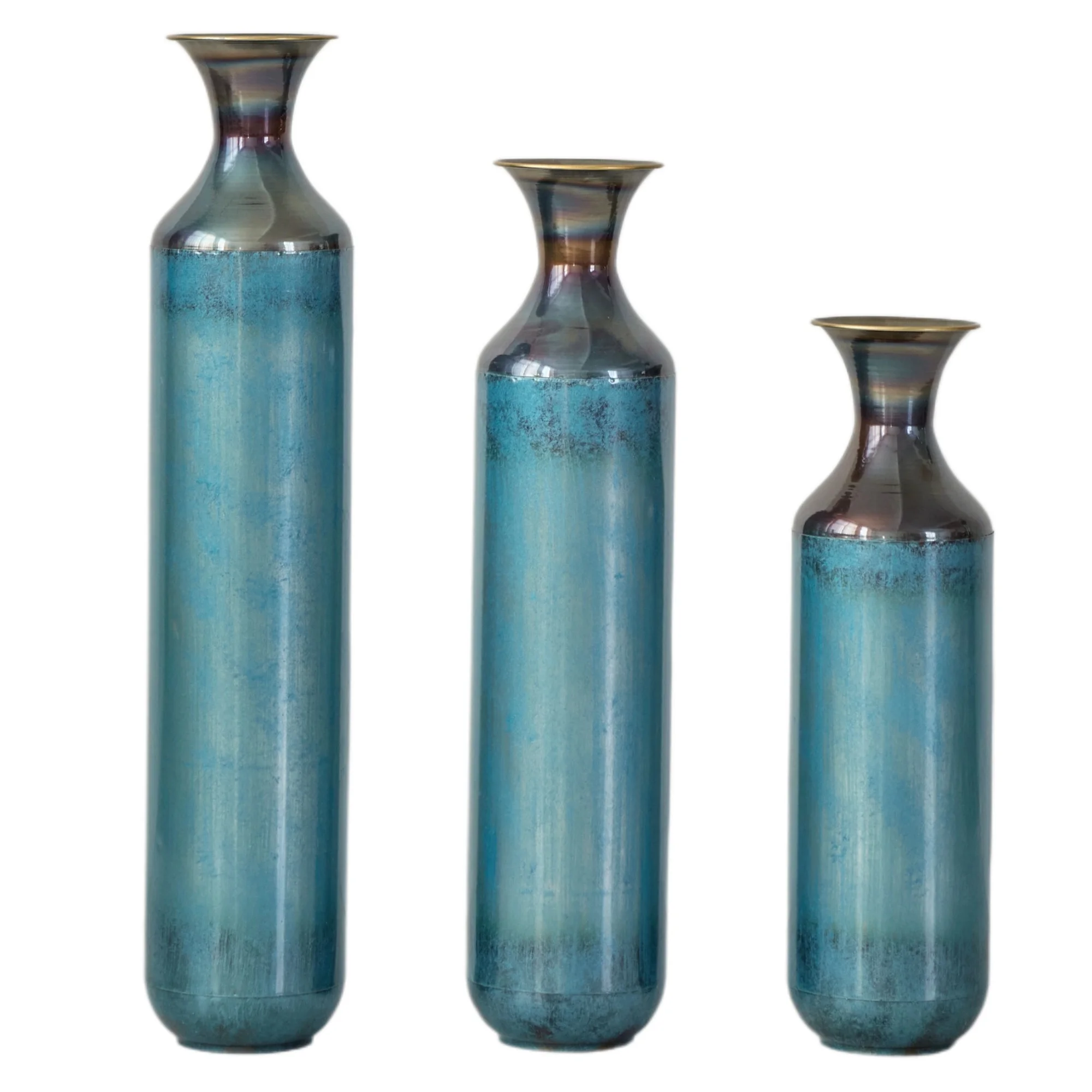 Torch-Fired Metal Vases Set of 3, Tall Blue Burnt Finish Floor Vases for Home Decor, 28.34 24.4 20.4 Inch Rustic Flower Vases
