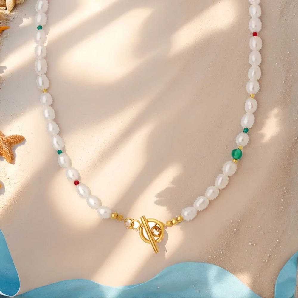 

Women's Necklace Natural Agate Glass Stone Splicing OT Buckle Titanium Steel Lock Chain Fashionable Jewelry Accessories