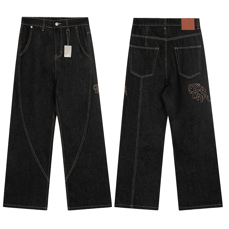 

Джинсы Mertra, классические черные повседневные брюки с вышивкой и буквами санскрита, уличные мужские и женские универсальные джинсовые длинные брюки Mertra