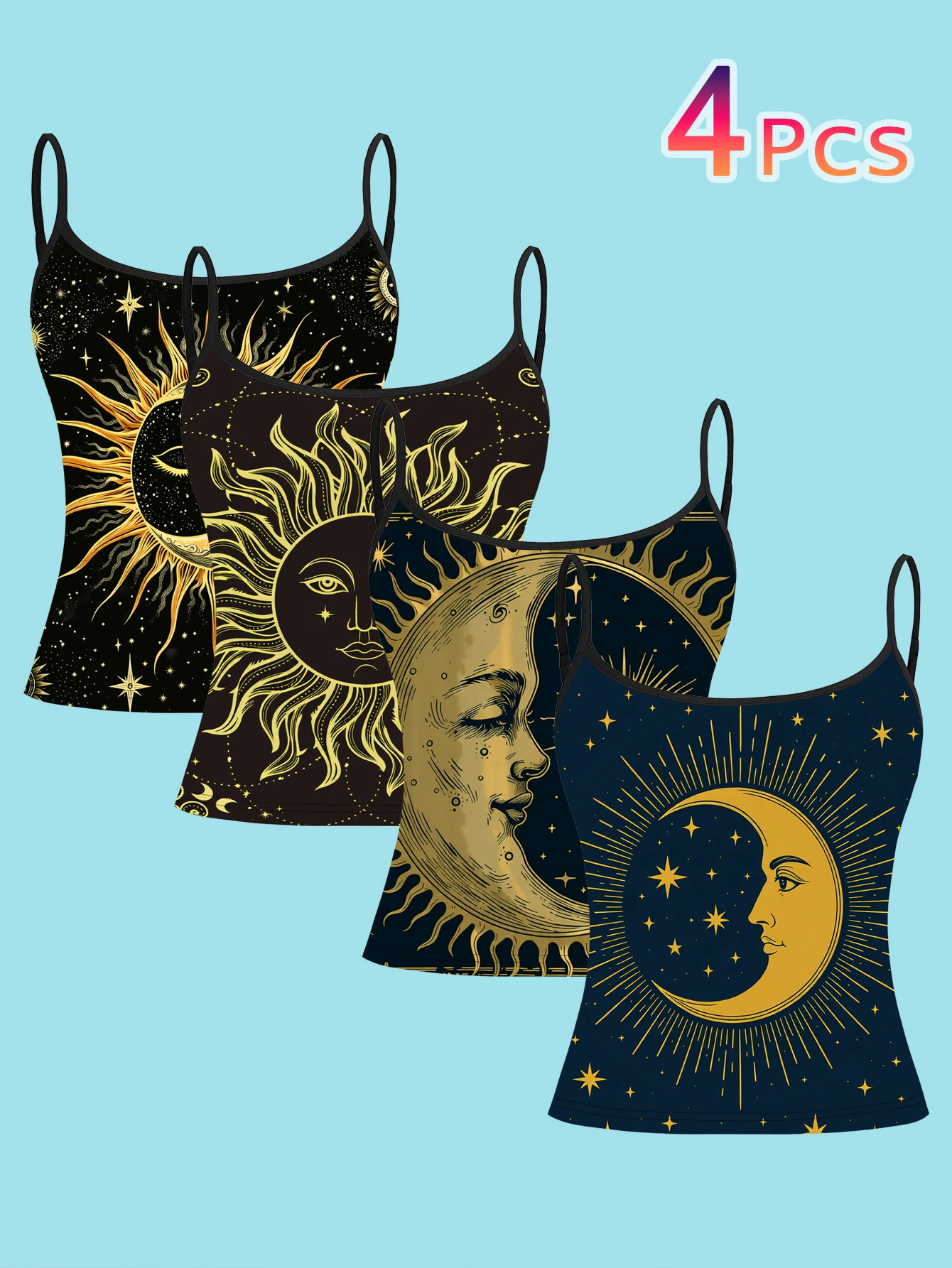 4-Piece Set of Women's Vintage Gold Sun and Moon Print Camisoles with Mysterious Starry Sky and Human Face Patterns, Slim-Fit Spaghetti Strap Inner Tops