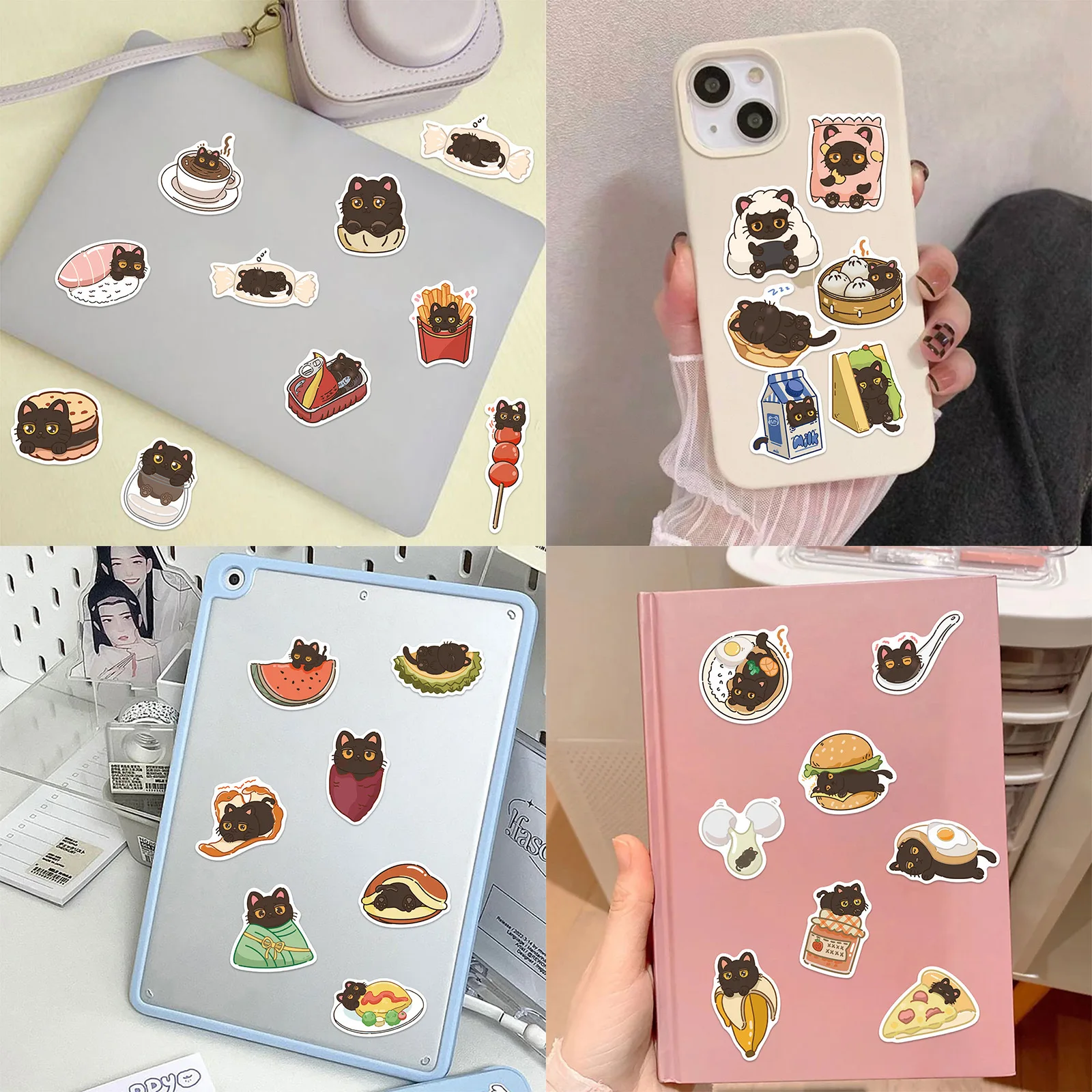 Autocollant chat noir dessin animé chaton mignon, tasse d'eau, coque de téléphone portable, valise de guitare, autocollant étanche, jouet pour enfants, cadeau, DIY bricolage, 10/50 pièces