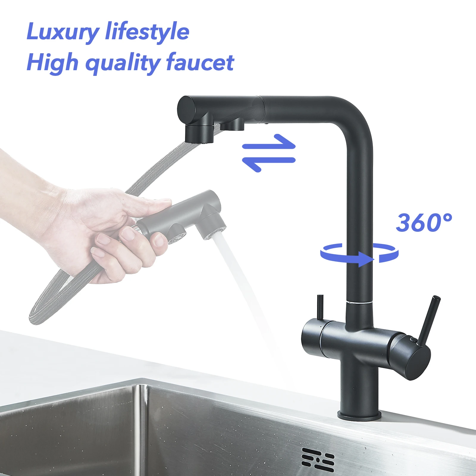Matte Black Pulling Filter Kitchen Faucet Hot & Cold Water Mixer Dual Mode Filtration Purification Kitchen Sinks 360 Rotation
