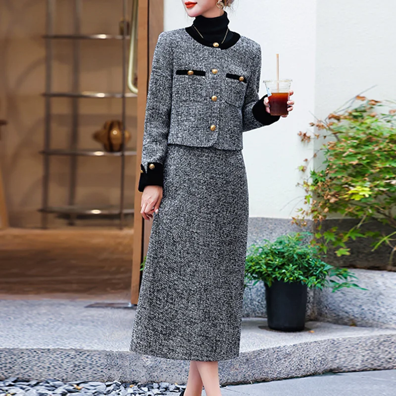 ZJYT Autumn Winter Elegant Women Tweed Woolen Jacket Suit with Skirt 2 Piece Set Vintage Outfit Office Lady Party Dress Sets Red