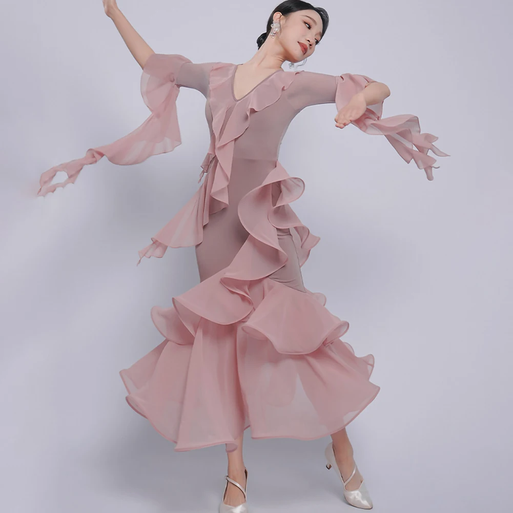 Flamenco Skirts Ruffled Dance Dresses V-collar Long Dress Fragrant Snow Green Middle Sleeve National Standard Dance Black New