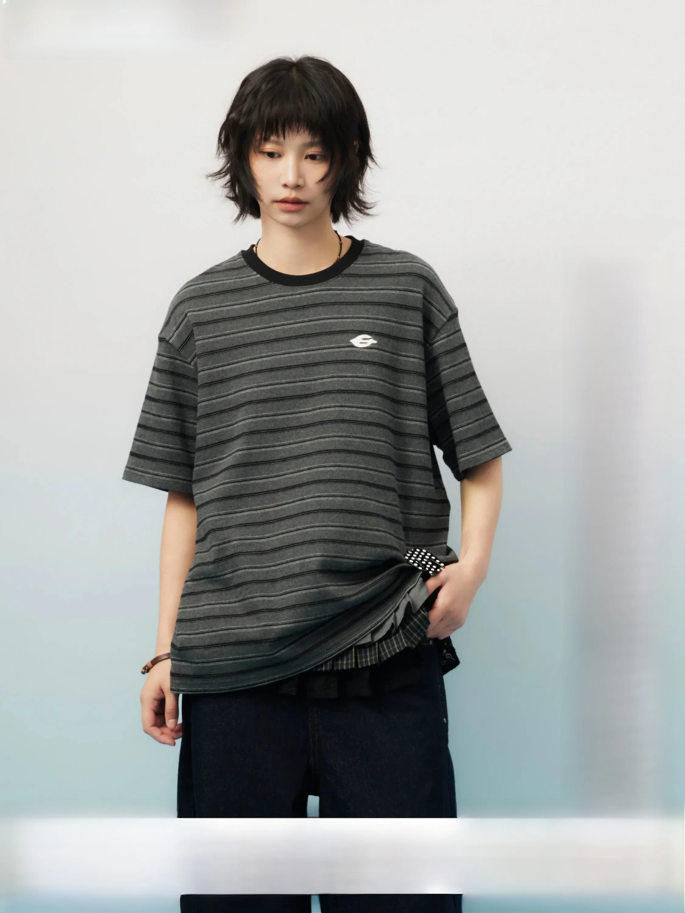 

Loose Cotton Short Sleeve T-Shirt Bird Print Casual Style Striped Pattern Early Summer Fashion Women's round Neck Top