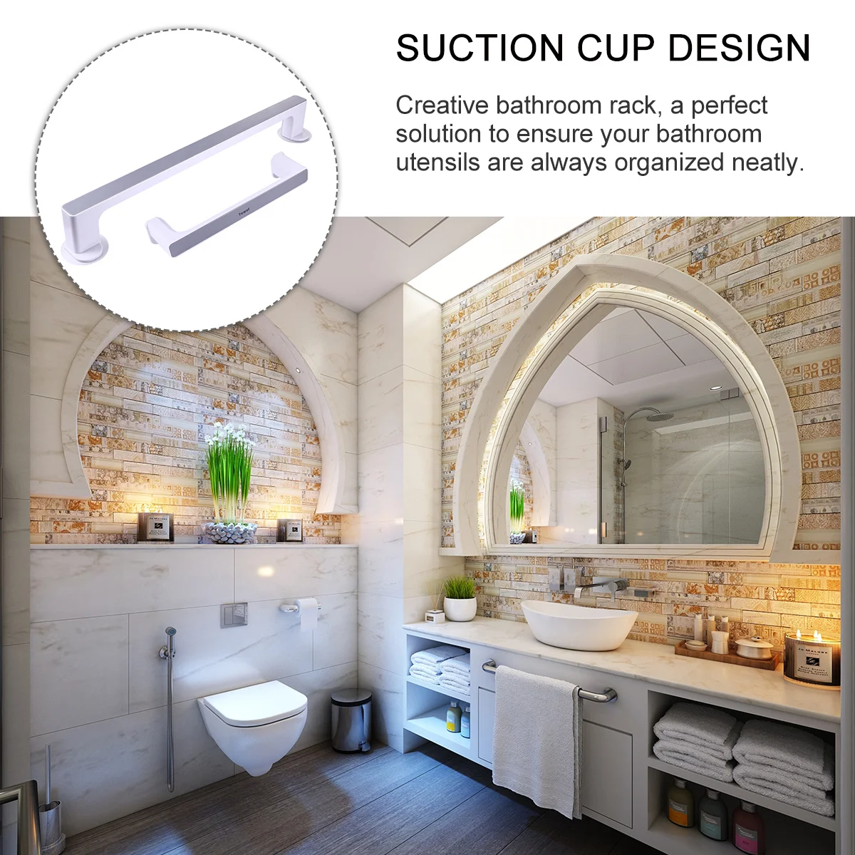 

2Pcs Suction Cup Bathroom Towel Rack Creative Traceless Storage Organizer Wall-Mounted Holder Bathroom Shelf Heat Resistant