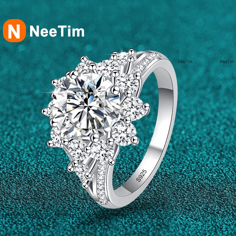 NeeTim 3ct 9mm Moissanite Ring 925 Sterling Silver with 18k Gold Plated Wedding Eternity Band Engagement Rings for Women Girl