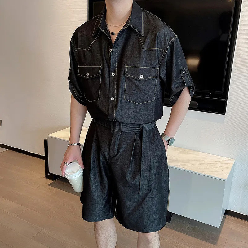 

Summer Men's Denim ort Sve irt Set High Waist ort Pants Anti-Wrinkle Draped Feeling Faionable Workwear Two-...