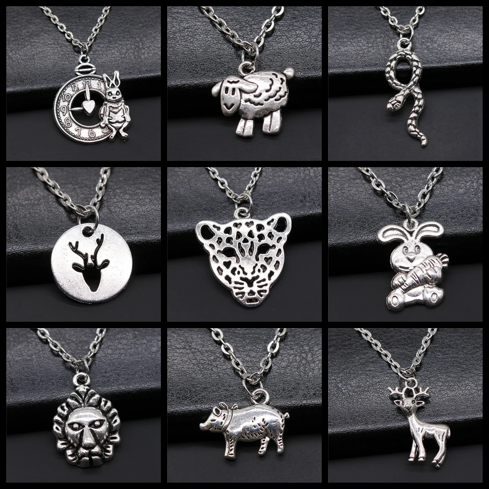 Animal Pendant Necklace Fashion Antique Silver Color Simple Zinc Alloy Rabbit Sheep Snake Deer Pig Lion Necklaces