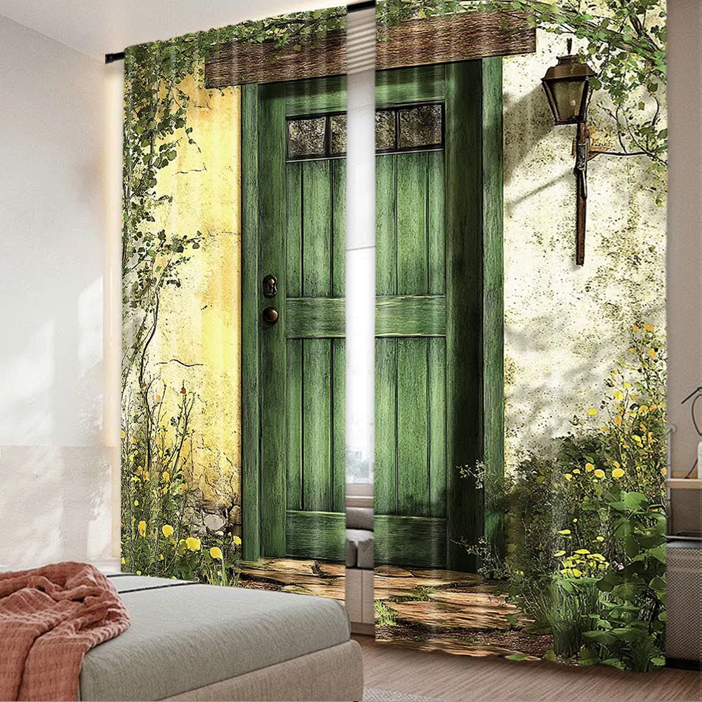 

2Pcs Rustic Curtains Cottage Door Overgrown Bushes And Grass Tree Garden In The Countryside Look For Bedroom Living Room And