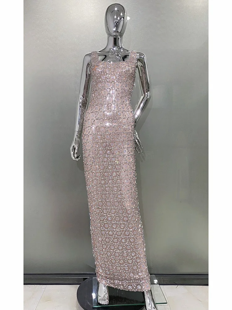 

Independent Station Super Flash Rhinestone Sexy See-through Mesh Tight Dress European and American Hot Party Perfo