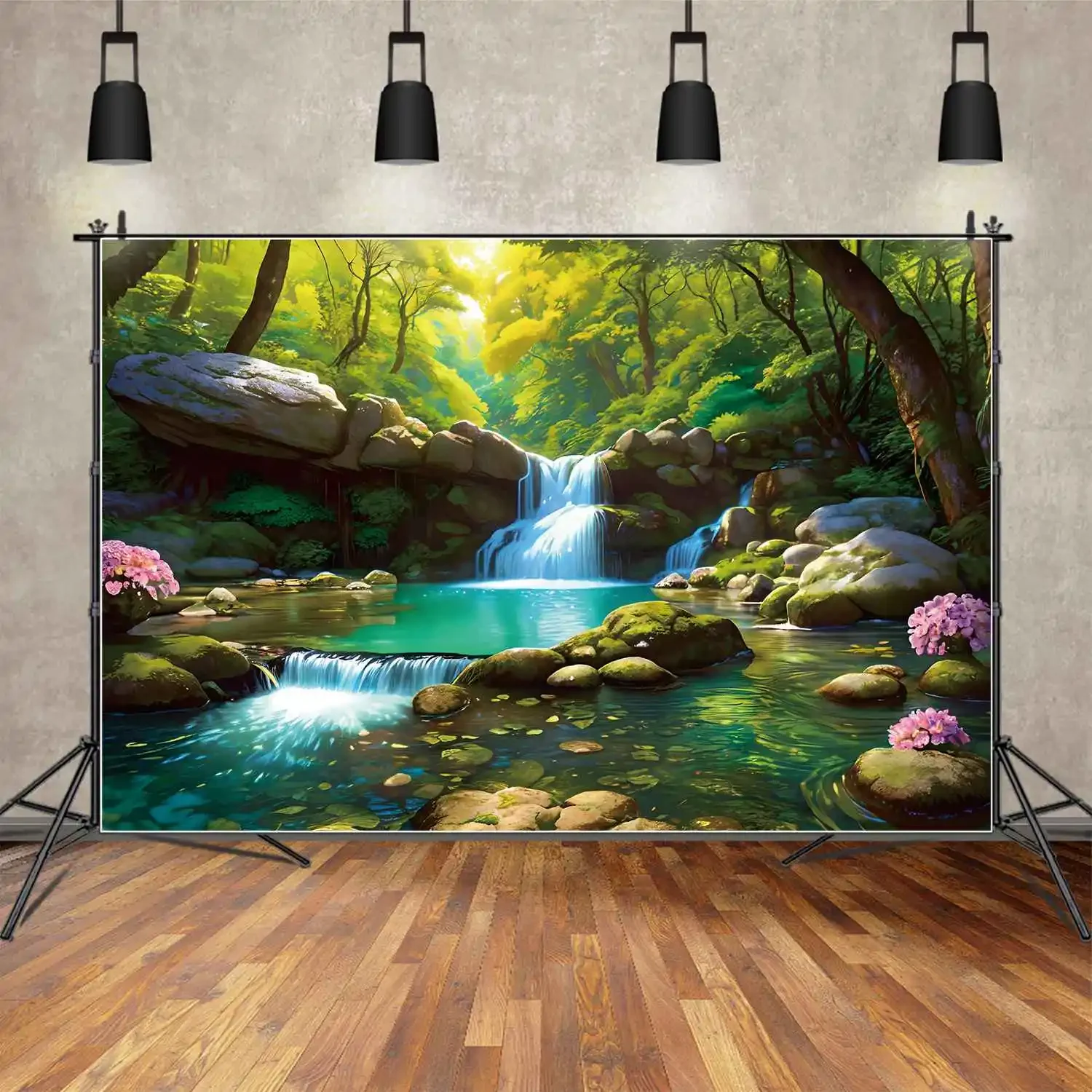 

Spring Waterfall Backdrops Photography Decor Green Forest River Lake Rock Flowers Custom Children Photobooth Photo Backgrounds