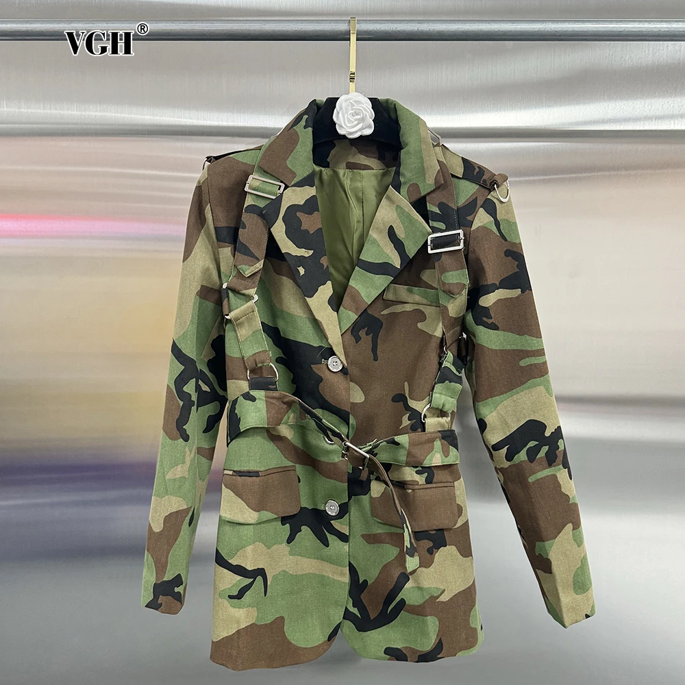 

VGH Hit Color Spliced Belt Camouflage Blazers For Women Notched Collar Long Sleeve Patchwork Button Temperament Blazer Female