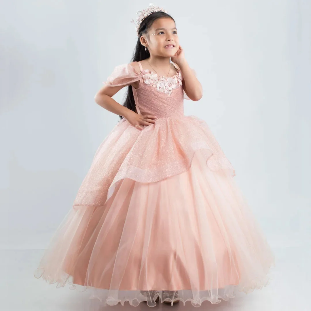 

Customized Wedding Birthday Pink Tulle With Bow Flower Girl Dresses Belt Feather Sleeve For Party Banquet Holy Communion Gowns