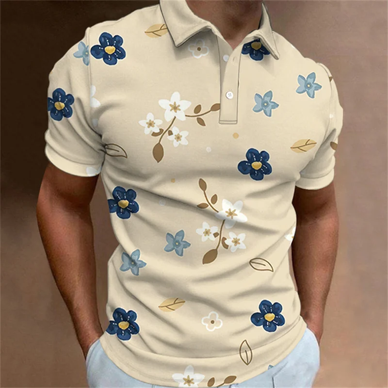 

Men's Polo Shirt Summer Street Casual Short Sleeve Flower Print Buttons Tops Fashion Pullover Oversized Clothing Male Golf Wear