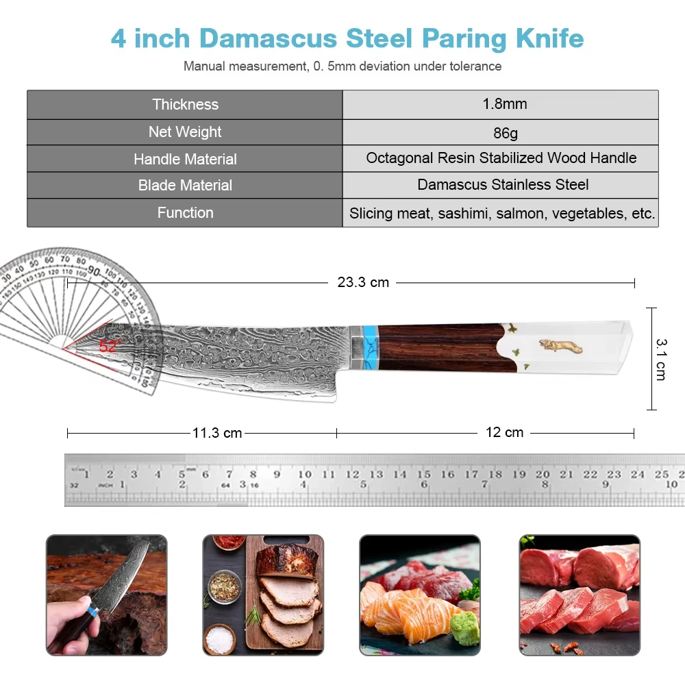 Damascus Paring Knife 4 inch, VG-10 Damascus Steel Fruit Knife, Japanese Multipurpose Peeling Knife for Cutting Fruit Vegetables