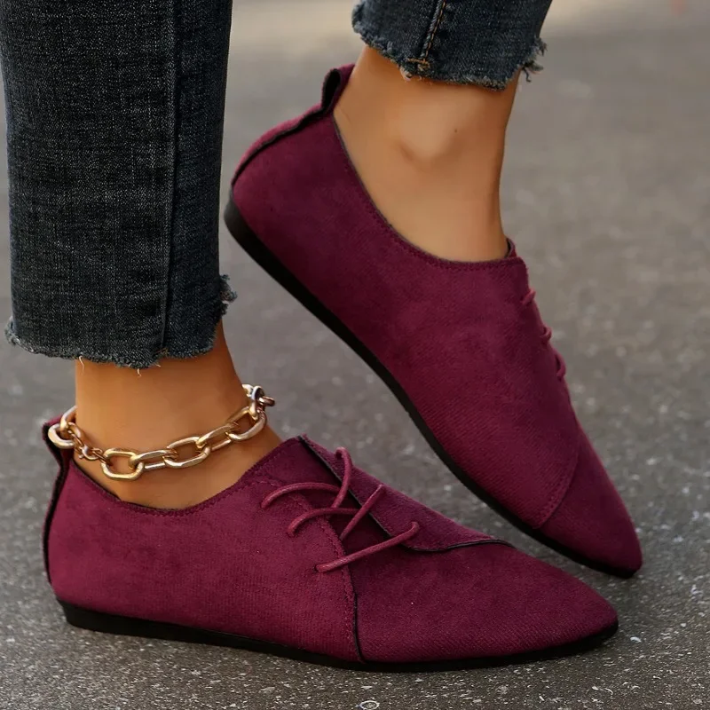 Women's Retro Loafers Pointed Suede Flats Lace-up Women's Casual Sneakers Women's Shallow Mouth Comfortable Zapato Plano