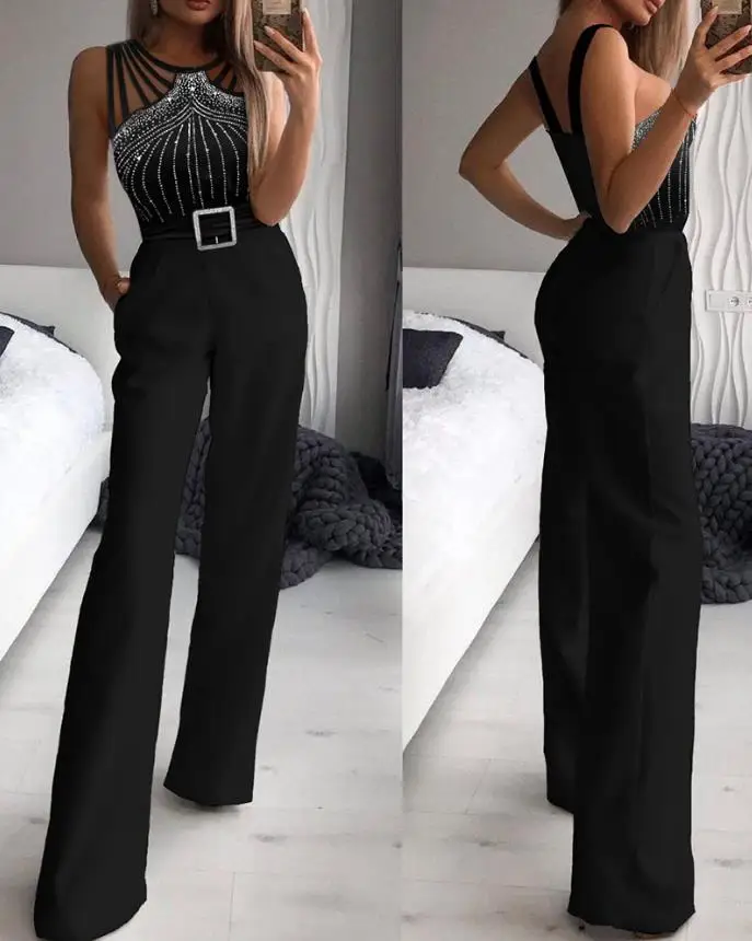 

Women's Commuting Jumpsuit 2024 Summer Autumn Latest Multi Strap Sleeveless Rhinestone Bootcut Romper High Waist Bodysuit