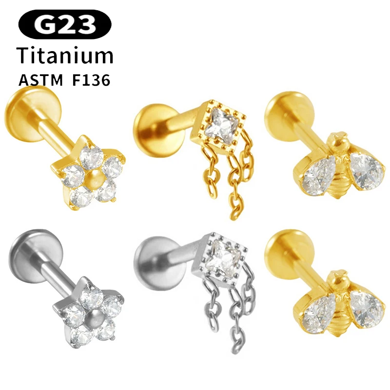 1PC G23 Titanium Ear Stud Internal Thread Zircon Bee Flower Lip Stud Flatback Helix Cartilage Tragus Labret Piercing Jewelry 16G