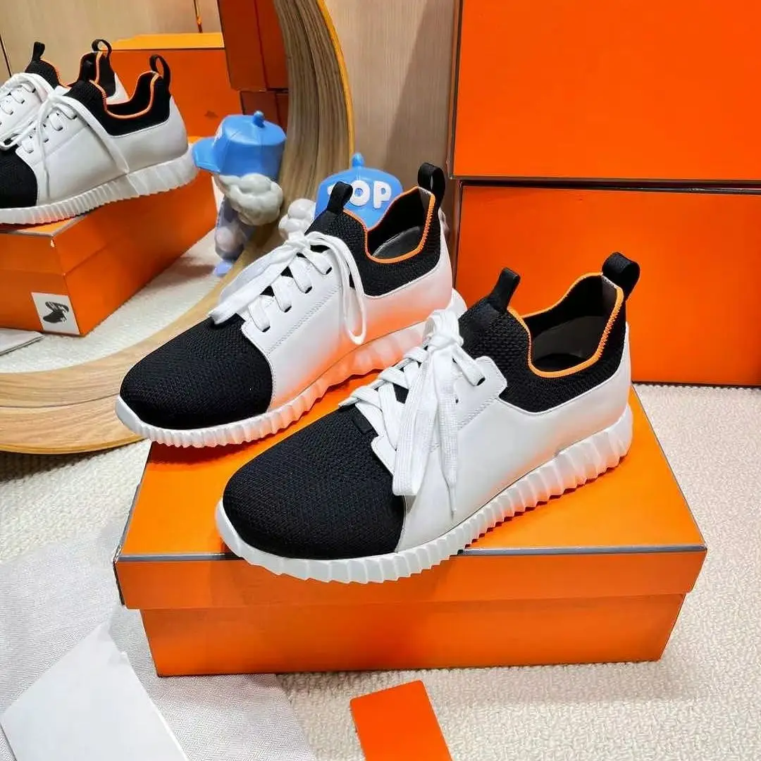 Black White Knit Leather Ridged Thick Sole Sneakers Unisex for Men Women