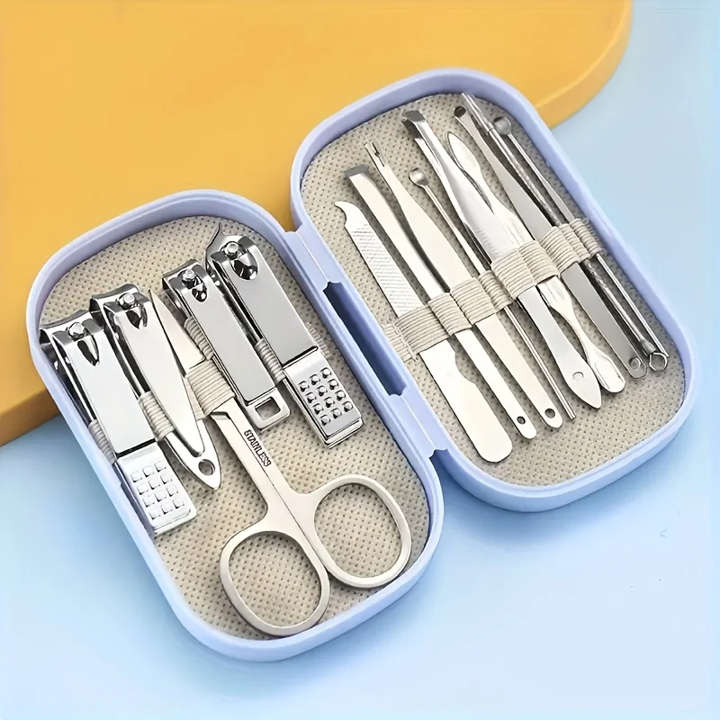 Kit de soins des ongles et des pieds en acier inoxydable, avec pince à cuticules, ensemble en boîte Portable, outils de manucure en acier inoxydable, coupe-ongles, 14 pièces