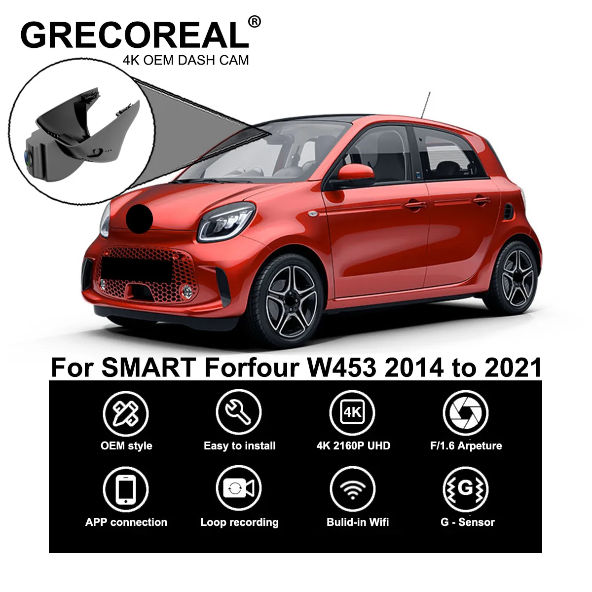 

GRECOREAL 4K Dash Cam Front and Rear WiFi Car Dual Dashcam APP Control Easy Install Plug Play Compatible with Smart Forfour W453