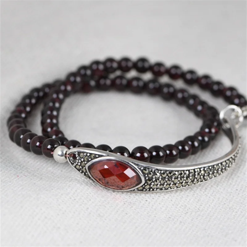 

35CM 2 Loops Garnet Bracelets for Women Thai Silver Marcasite Bracelets 925 Sterling Silver Bangles Vintage Facet Red Zircons