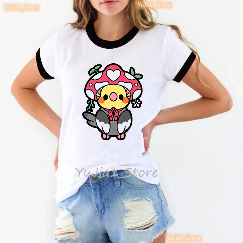 Funny Mushroom Cockatriel Printed T Shirt Girls Funny Birds Parrots Tshirt Women White Casual T-Shirt Female Harajuku Shirt