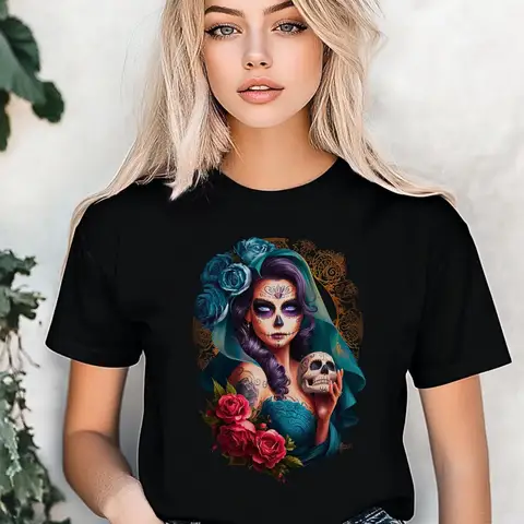 Santa Muerte T-Shirt Gothic Sugar Skull Lady Mexikanische Folklore Elegante Tattoo-Kunst Okkult Dunkle Mode Mystische Göttin Tag