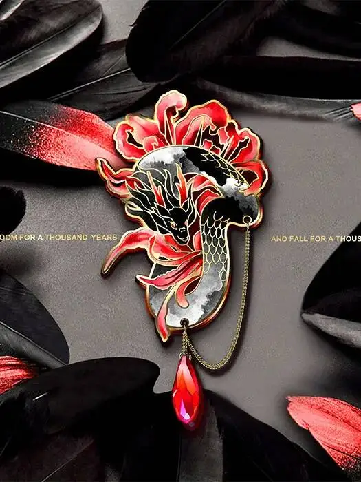 Chinese Dragon Red Spider Lily Enamel Pin With Crystal Tassel Vintage Zodiac Brooch Badge Fashion Jewelry Gift
