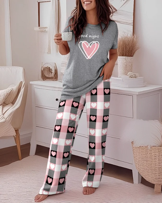 

Elegant 2-Piece Sets for Women Floral Print Short Sleeve Top + Casual Plaid Heart Pattren Lounge Pants Set