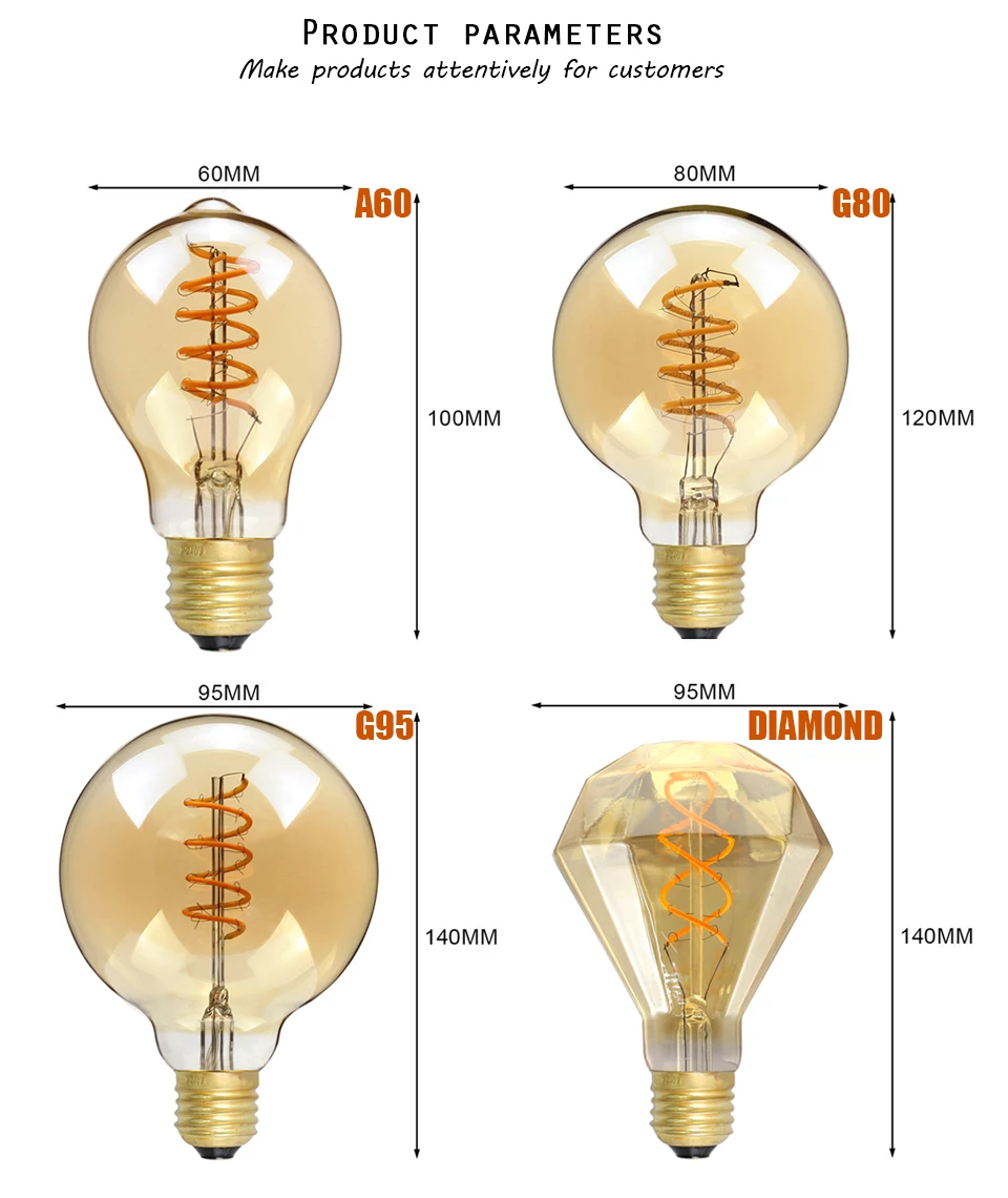 E27 LED-Glühfadenlampe 220V 4W A60 ST64 T45 T185 G80 G95 G125 Retro Vintage Ampullen LED Edison Lampe Spiralbirne für Zuhause – Detail 3