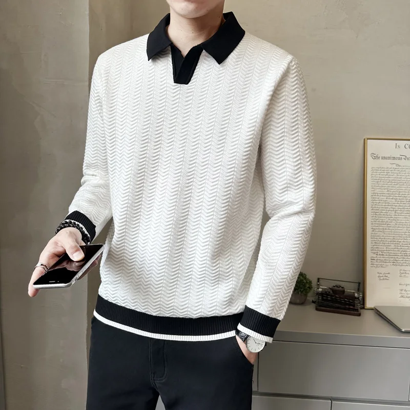 

Модный мужской свитер с длинным рукавом и воротником, в стиле колор-блок, для повседневного городского образа, осенний сезон, полиэстер