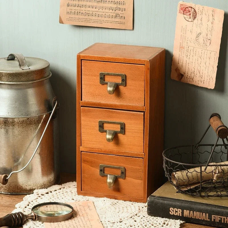 Organizador de joyas de maquillaje de juguete pequeño Retro, cajón de almacenamiento de madera de tres capas, cajones de especias de cocina,