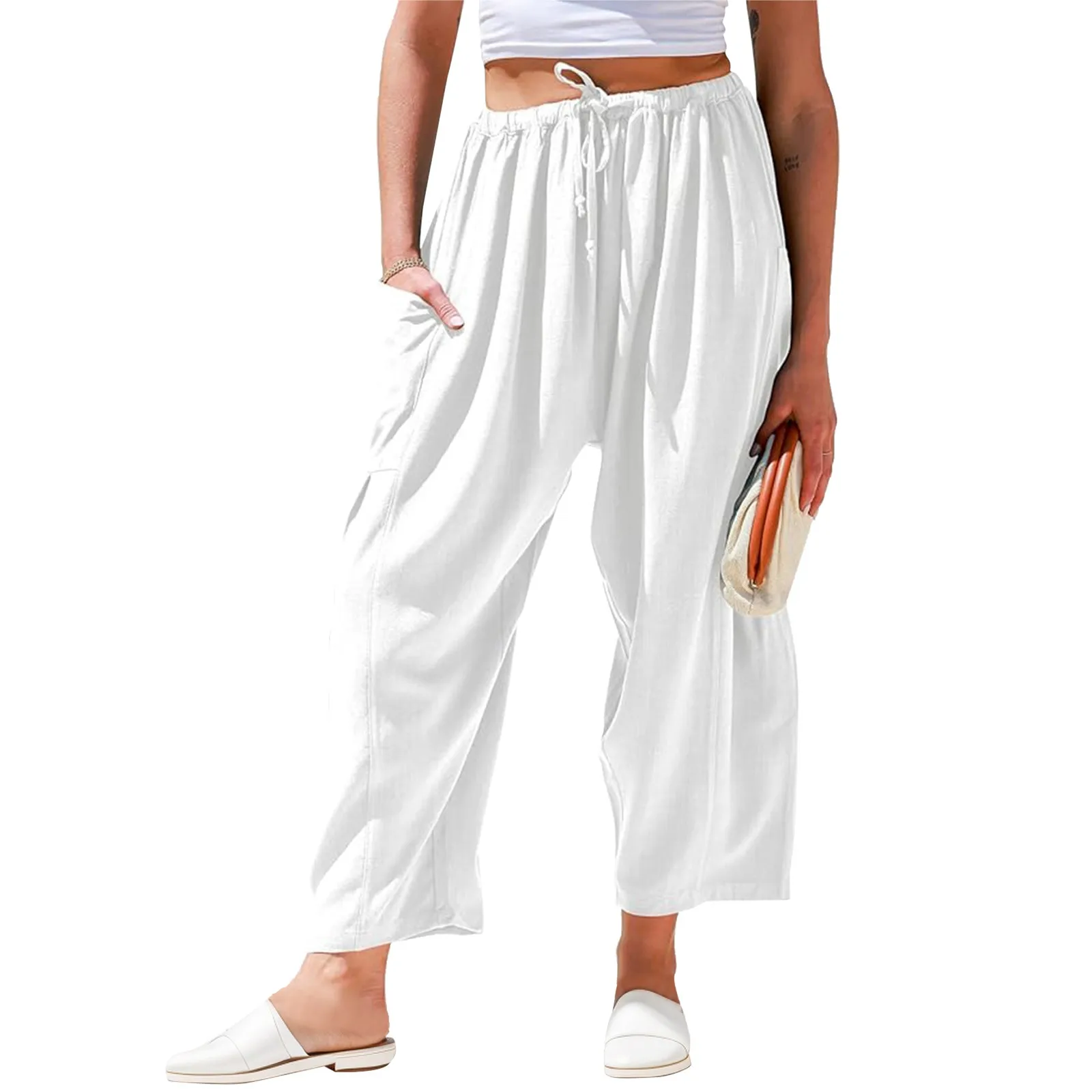 Damen Sommer solide weites Bein Hosen lose Kordel zug niedrige Taille Strand kurze Hose Tasche Freizeit hose