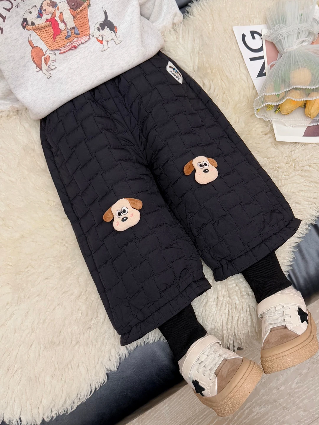 

Зимние брюки Thiened Fce для маленьких девочек, теплые повседневные брюки с мультяшным рисунком собаки, прямые брюки для девочек