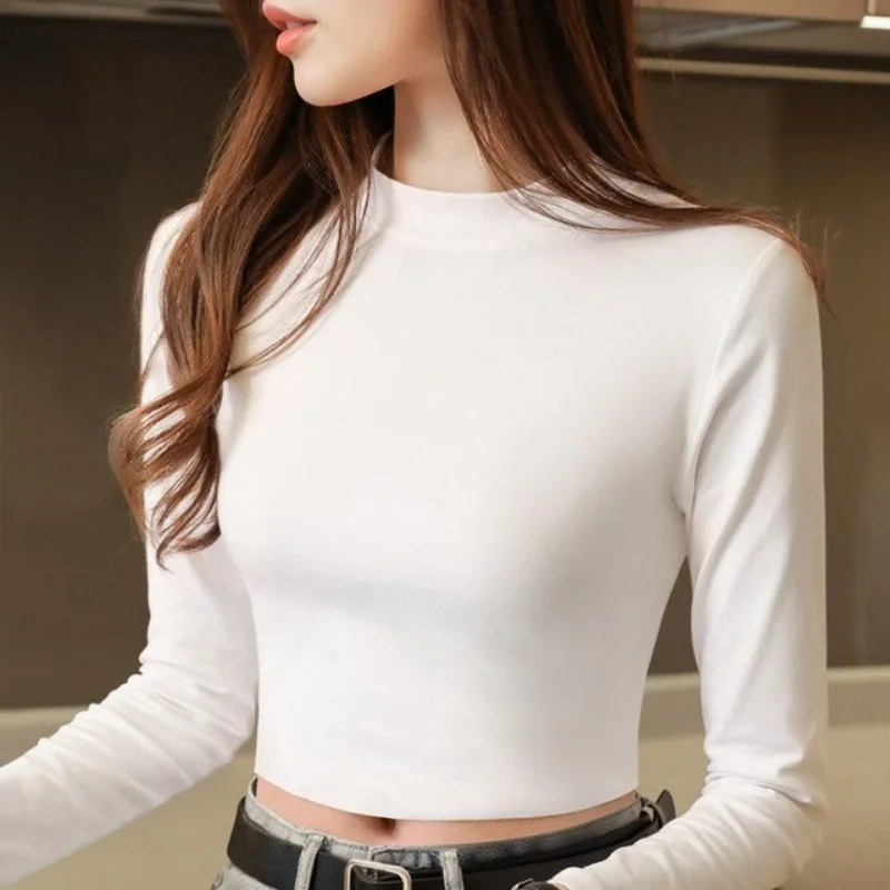 Women's Long-sleeved T-shirt Short High Waist Top Half-high Collar Bottoming Shirt Slim O-neck Skinny Solid Color Pullovers Tops