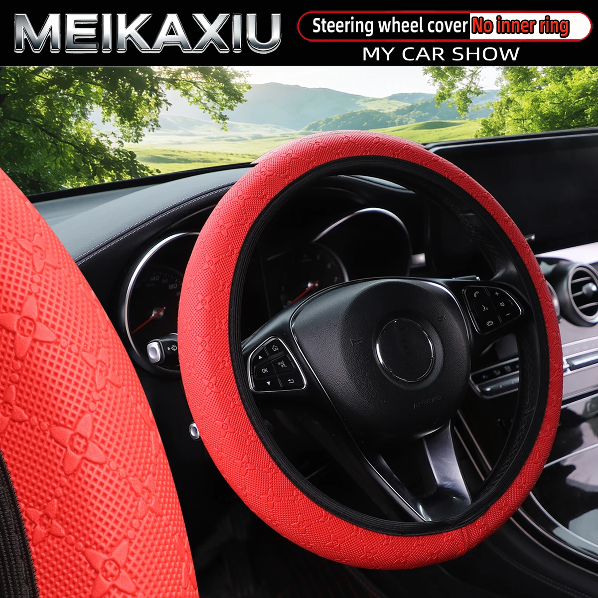Women's Star-Embossed 3D PU Leather Car Steering Wheel Cover Rimless Auto Accessory for 14.5-15 Inch Compatible Wheels
