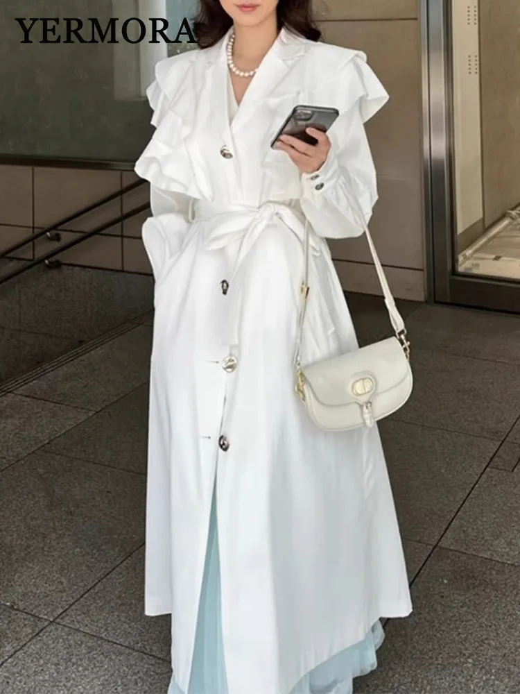 

YERMORA белый Тренч с поясом и оборками для женщин, свободная ветровка с длинными рукавами и лацканами, модная весна-осень 2021, новинка A614