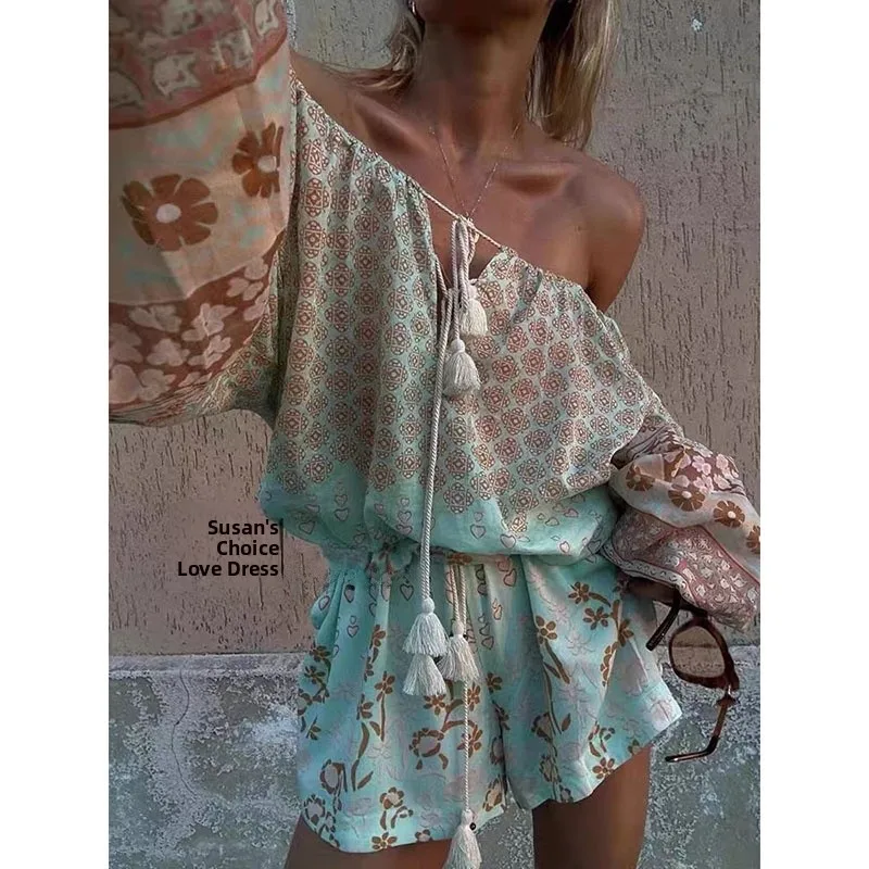 Susan Holiday Sle ey a Print One Oulder Lantern Sve Top Orts Set Damen Faionable Zweiteilige Frühlingskollektion