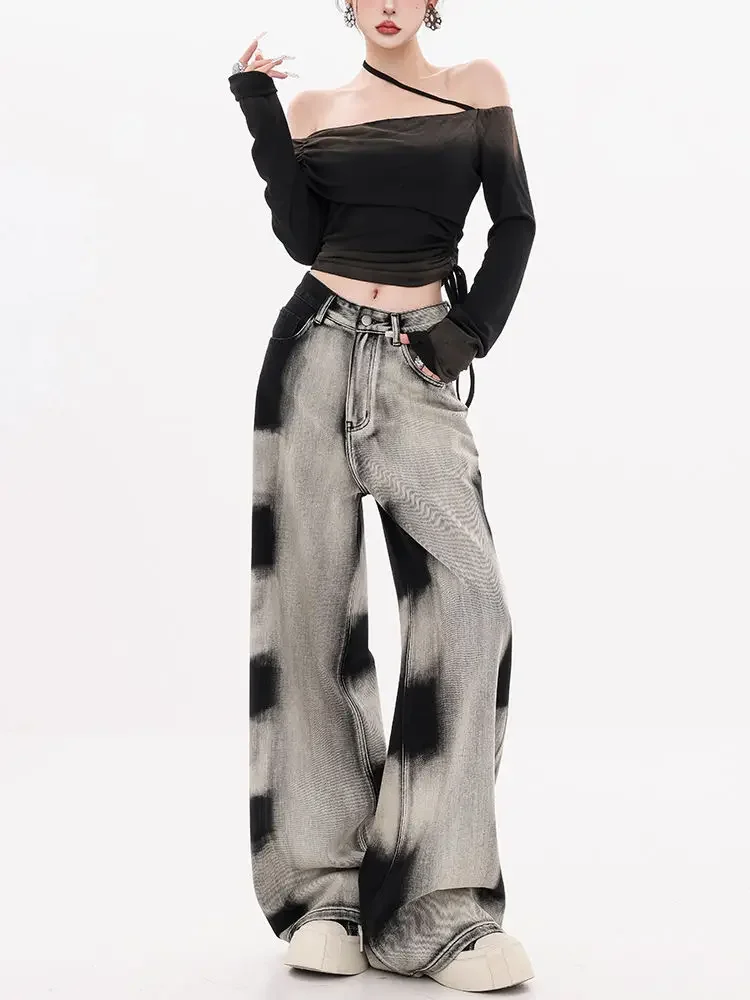 American Gradient Tie Dye Wide Leg Jeans for Women in Autumn and Winter 2024 with Plush Loose High Waisted Floor Pants