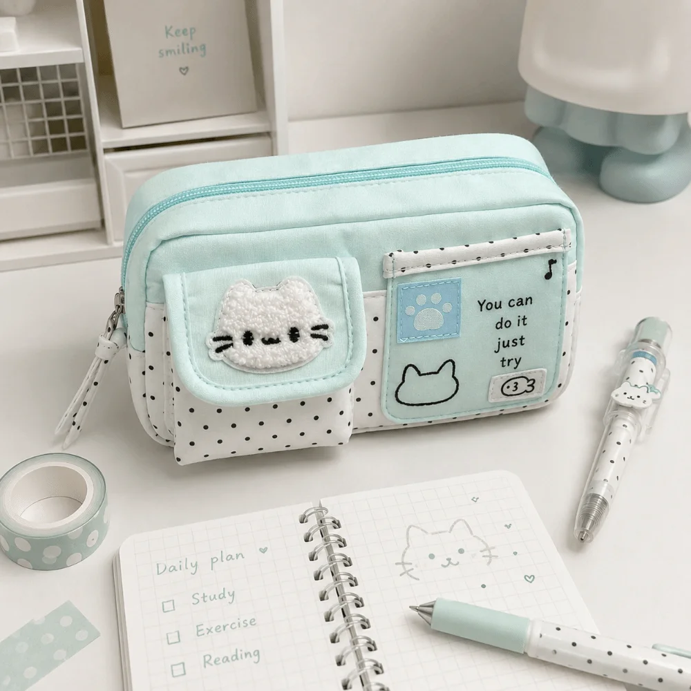 Durable Cartoon Pencil Case Multi Pocket Multi-Compartment Cat Pen Bag Wear-Resistant Canvas Lightweight Stationery Bag