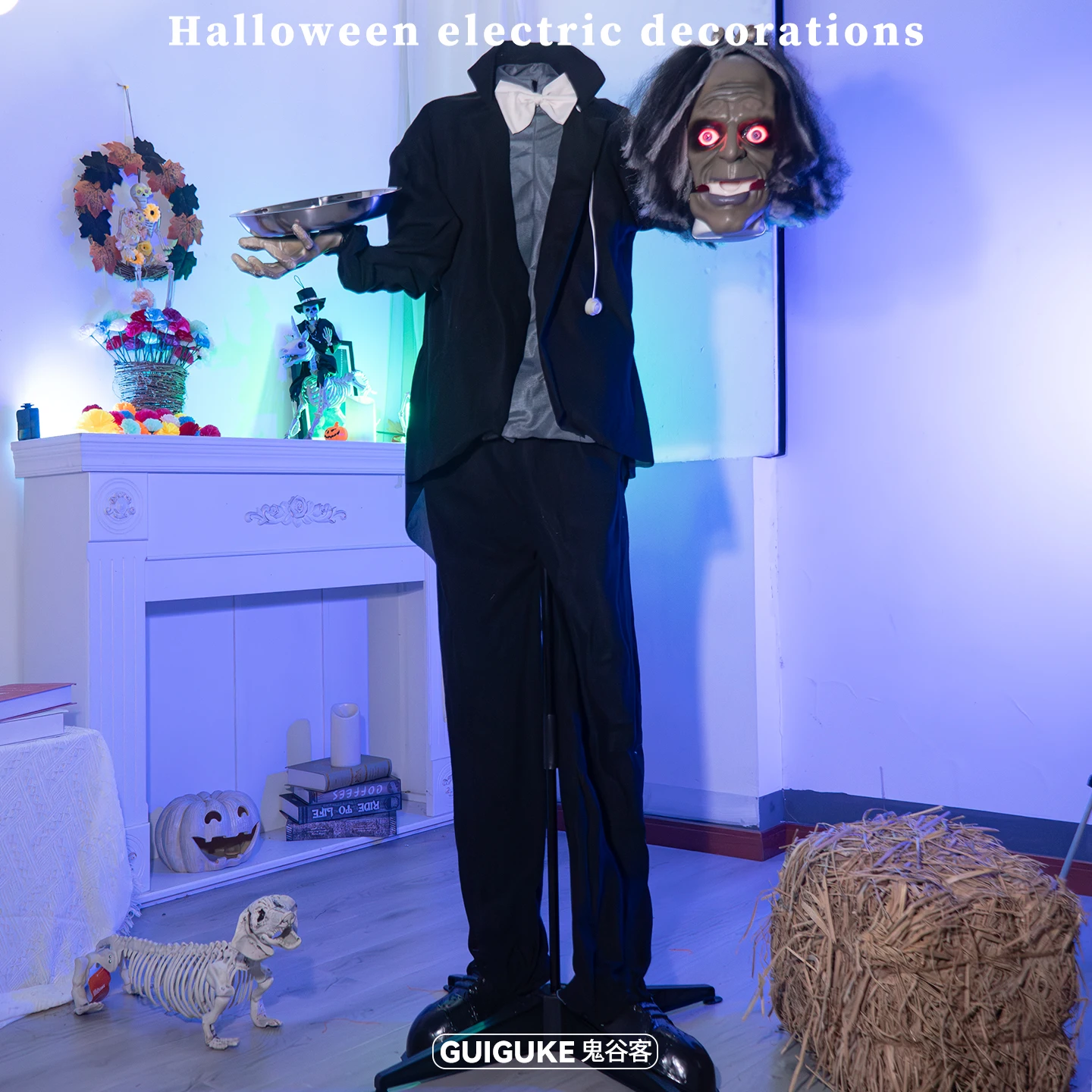 Halloween plate-serving shaved butler standing ghost electric induction luminous sound haunted house secret room horror decorati