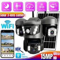 V380 Solar Camera 15MP Three Lens Three Screen 10x Zoom Monitor Night Vision Security Protection PTZ Video WIFI IP Surveillance